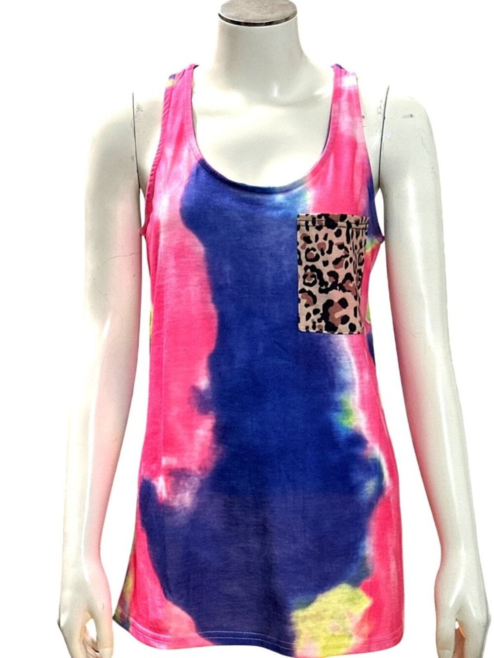 Tie Dye Leopard Pocket Tank Top Pink Blue Racerback Lightweight Sleeveless Summe
